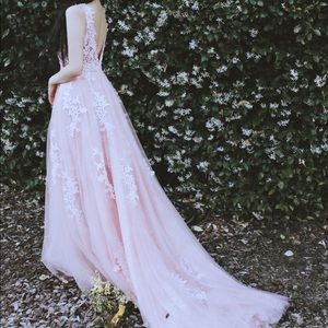 Fairy Princess Prom Dress pink court train V back